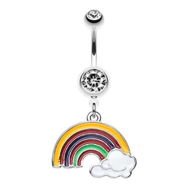 Clear Color Blocked Rainbow Dangle Belly Ring 14G (1.6mm) Length: 3/8″ (10mm)