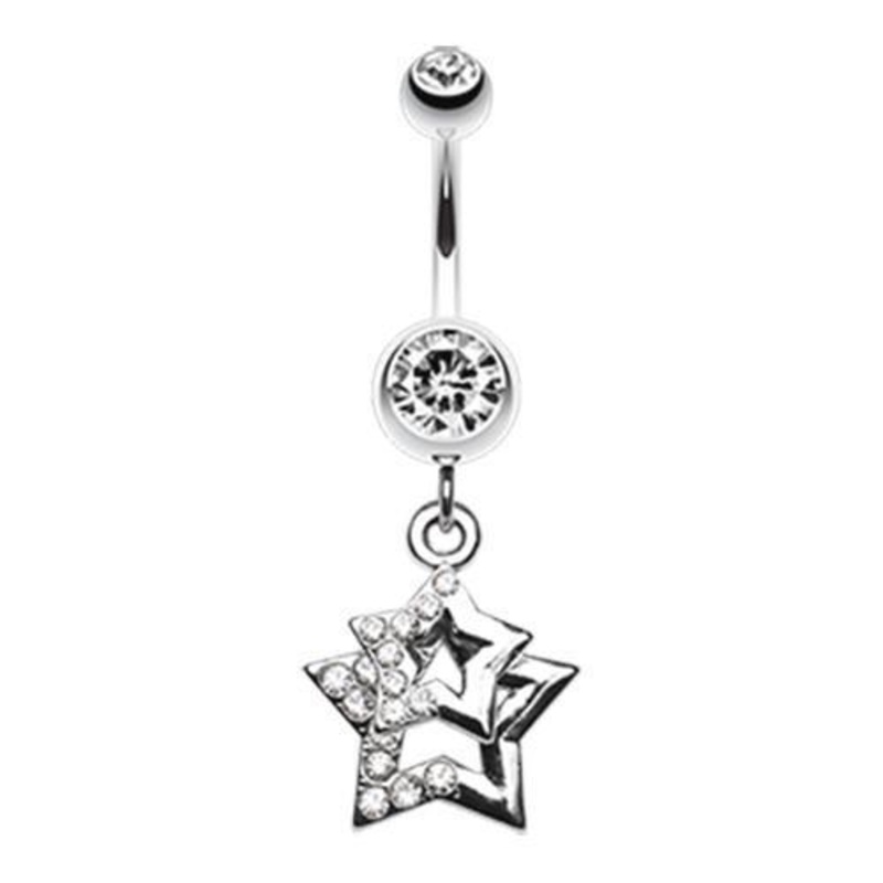 Clear Double Hollow Star Gem Dangle Belly Ring 14G (1.6mm) Length: 3/8″ (10mm)