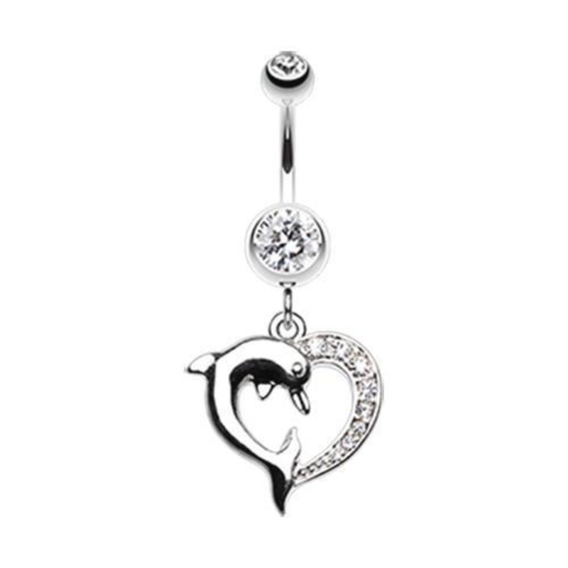 Clear Enchanting Heart Dolphin Dangle Belly Ring 14G (1.6mm) Length: 3/8″ (10mm)