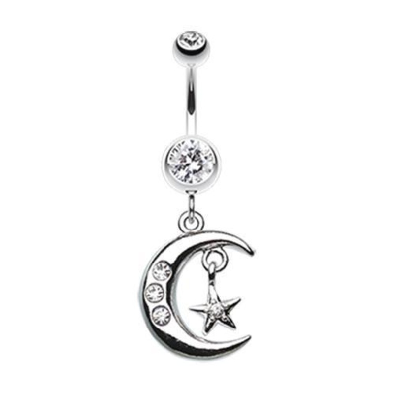 Clear Glistening Moon and Star Dangle Belly Ring 14G (1.6mm) Length: 3/8″ (10mm)