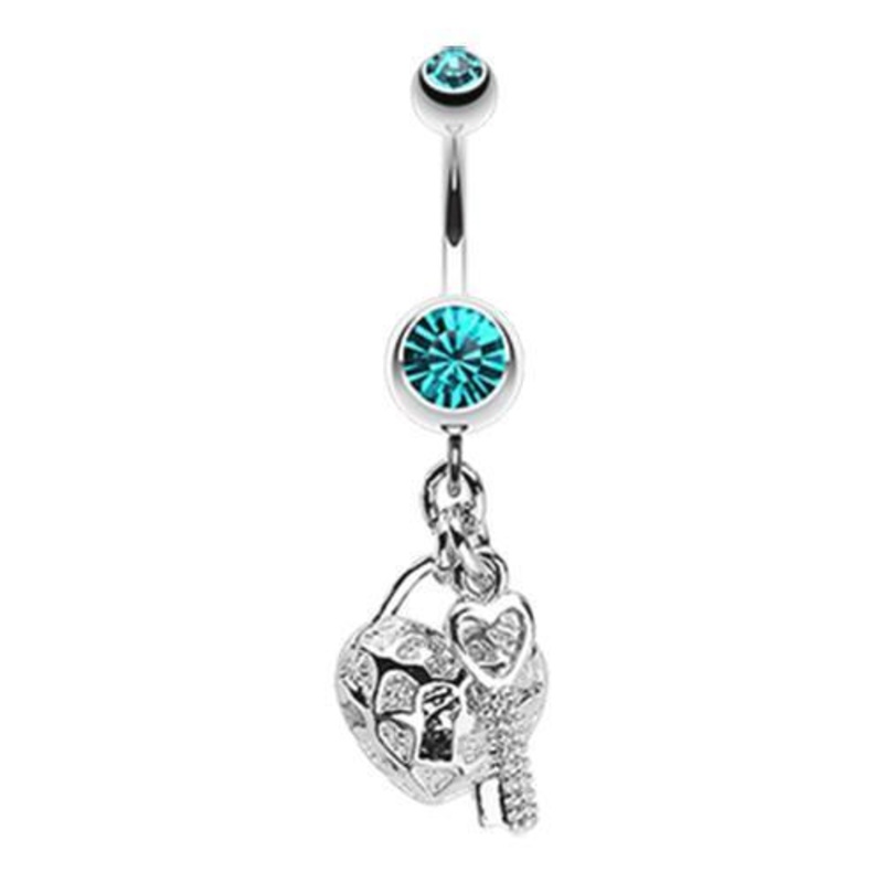 Teal Puffed Heart Lock Key Charm Dangle Belly Ring 14G (1.6mm) Length: 3/8″ (10mm)