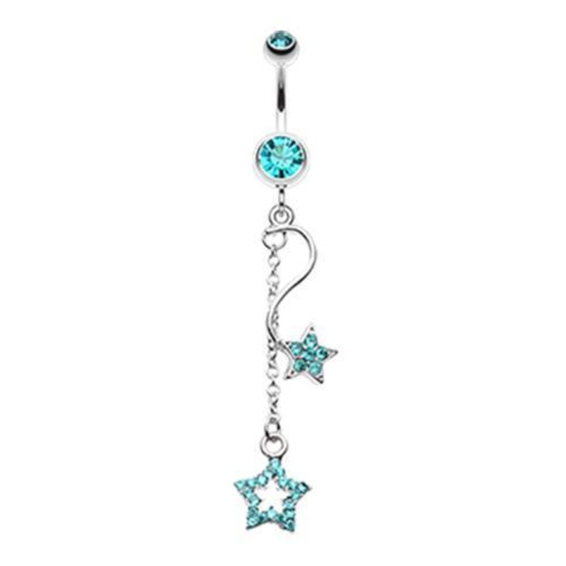 Teal Shooting Vibrant Stars Dangle Belly Ring 14G (1.6mm) Length: 3/8″ (10mm)