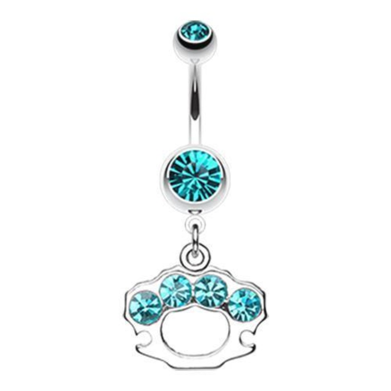 Teal Sparkling Brass Knuckle Dangle Belly Ring 14G (1.6mm) Length: 3/8″ (10mm)