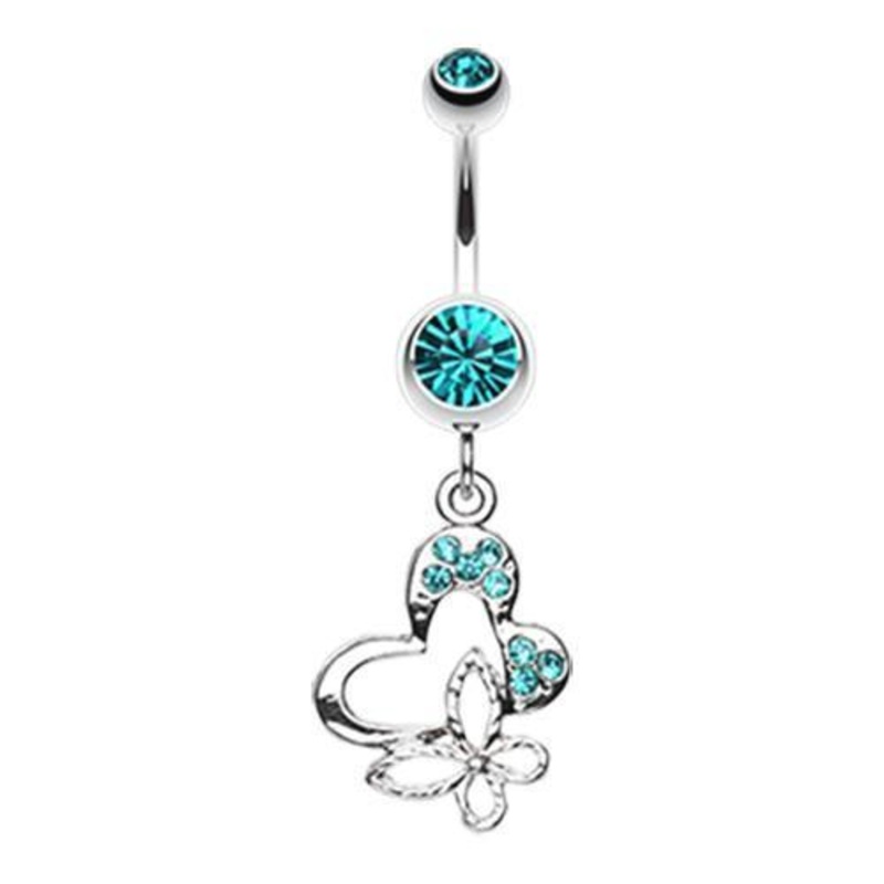 Teal Sweet Butterfly Heart Dangle Belly Ring 14G (1.6mm) Length: 3/8″ (10mm)