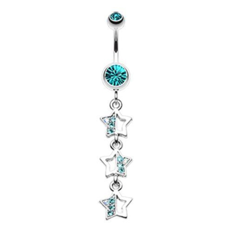 Teal Triple Sparkling Star Dangle Belly Ring 14G (1.6mm) Length: 3/8″ (10mm)