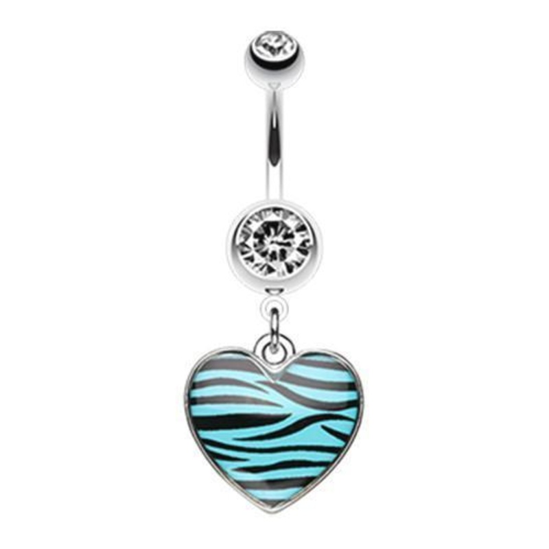 Teal Zebra Pattern Heart Dangle Belly Ring 14G (1.6mm) Length: 3/8″ (10mm)