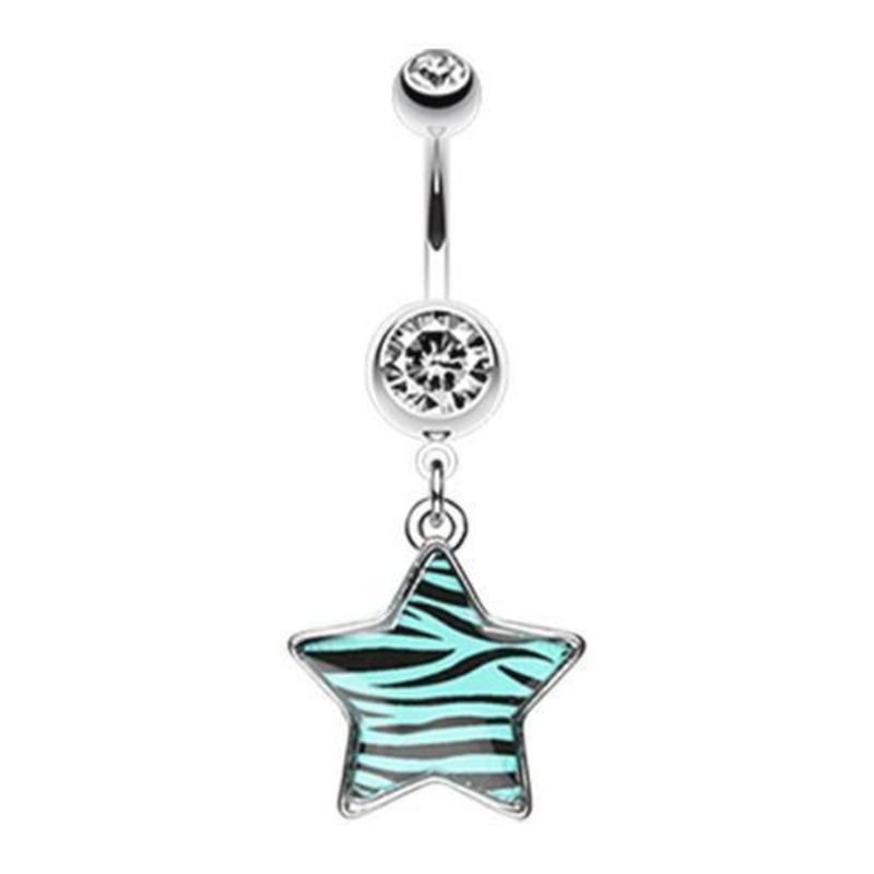 Teal Zebra Star Dangle Belly Ring 14G (1.6mm) Length: 3/8″ (10mm)