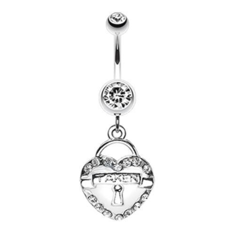 White Jeweled Heart Lock Charm Dangle Belly Ring 14G (1.6mm) Length: 3/8″ (10mm)