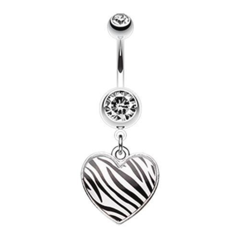 White Zebra Pattern Heart Dangle Belly Ring 14G (1.6mm) Length: 3/8″ (10mm)