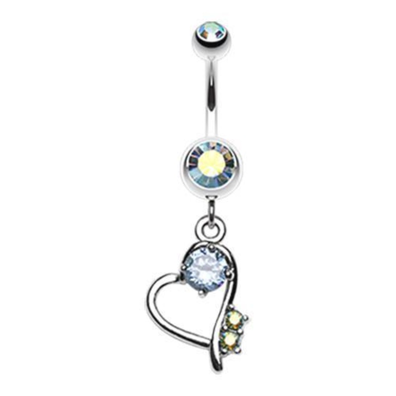 Aqua/Aurora Borealis Sparkling Stone in Heart Dangle Belly Ring 14G (1.6mm) Length: 3/8″ (10mm)