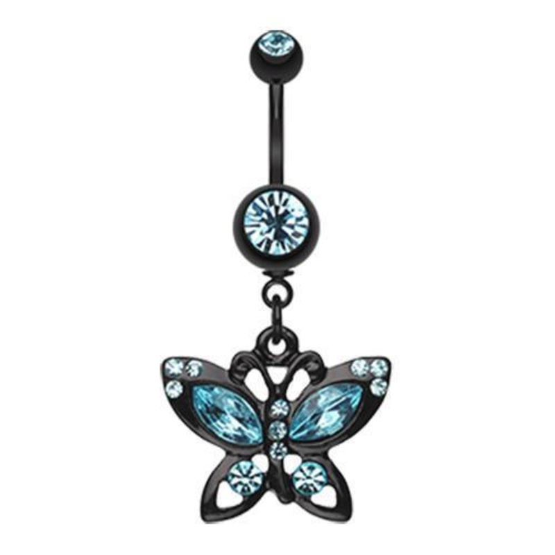 Aqua Black Butterfly Sparkle Dangle Belly Ring 14G (1.6mm) Length: 3/8″ (10mm)