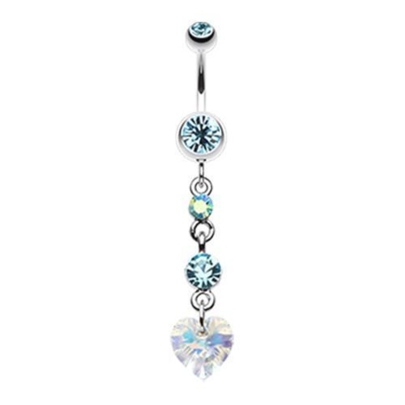 Aqua Cascading Prism Heart Dangle Belly Ring 14G (1.6mm) Length: 3/8″ (10mm)