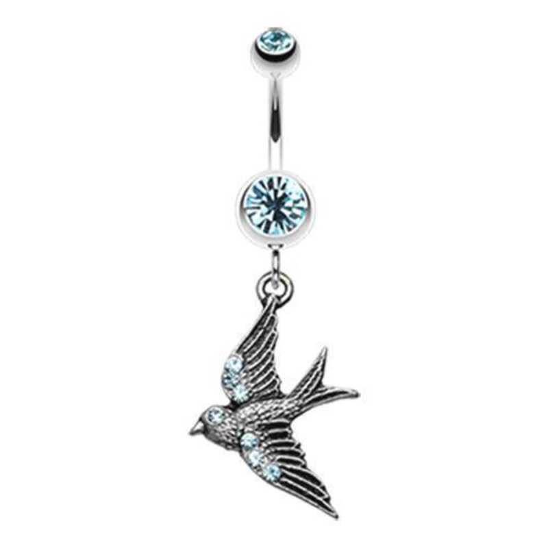 Aqua Flying Swallow Sparkle Dangle Belly Ring 14G (1.6mm) Length: 3/8″ (10mm)
