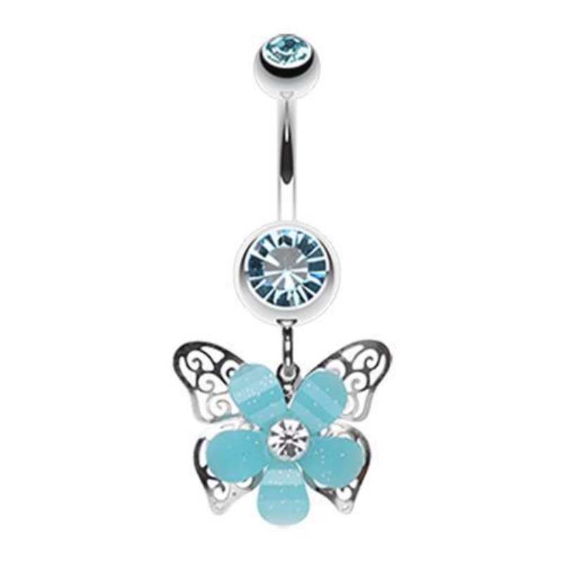 Aqua Glittered Flower Butterfly Dangle Belly Ring 14G (1.6mm) Length: 3/8″ (10mm)