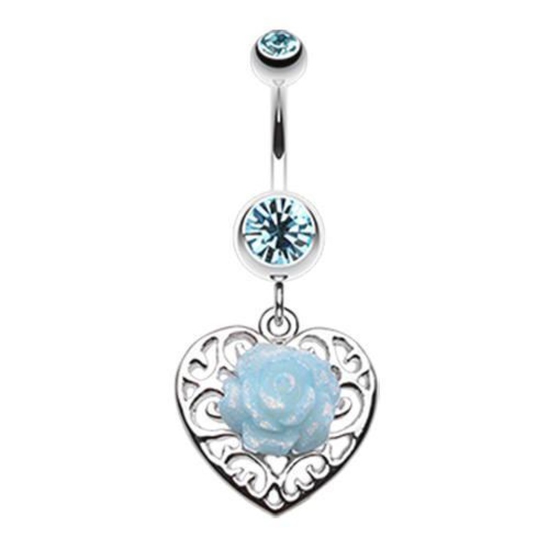 Aqua Glittering rose and Decorative Heart Dangle Belly Ring 14G (1.6mm) Length: 3/8″ (10mm)
