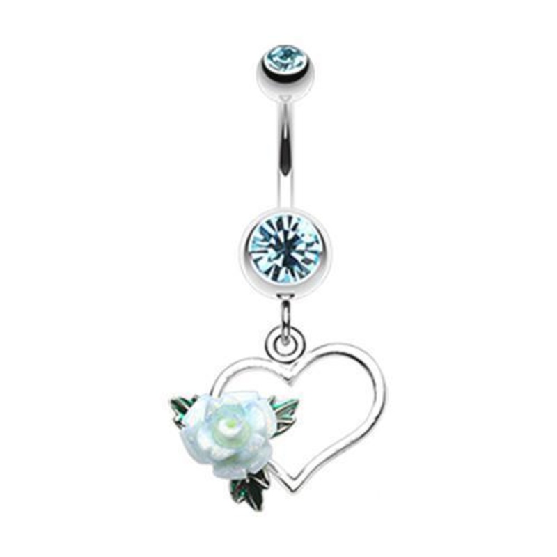 Aqua Glittering Sweet Heart Rose Dangle Belly Ring 14G (1.6mm) Length: 3/8″ (10mm)