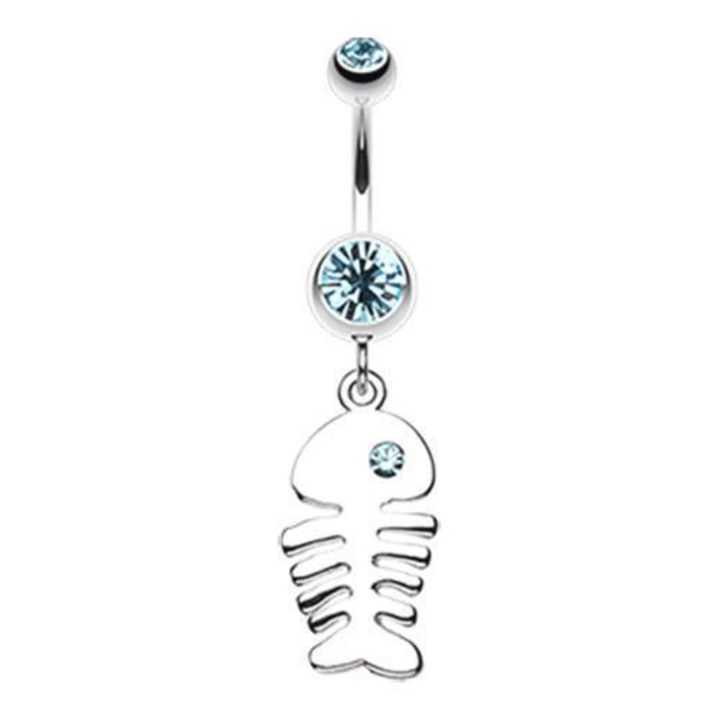 Aqua Jeweled Eye Fish Bone Dangle Belly Ring 14G (1.6mm) Length: 3/8″ (10mm)