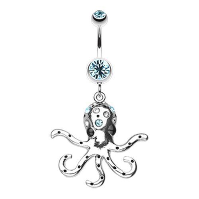 Aqua Octopus Sparkle Dangle Belly Ring 14G (1.6mm) Length: 3/8″ (10mm)