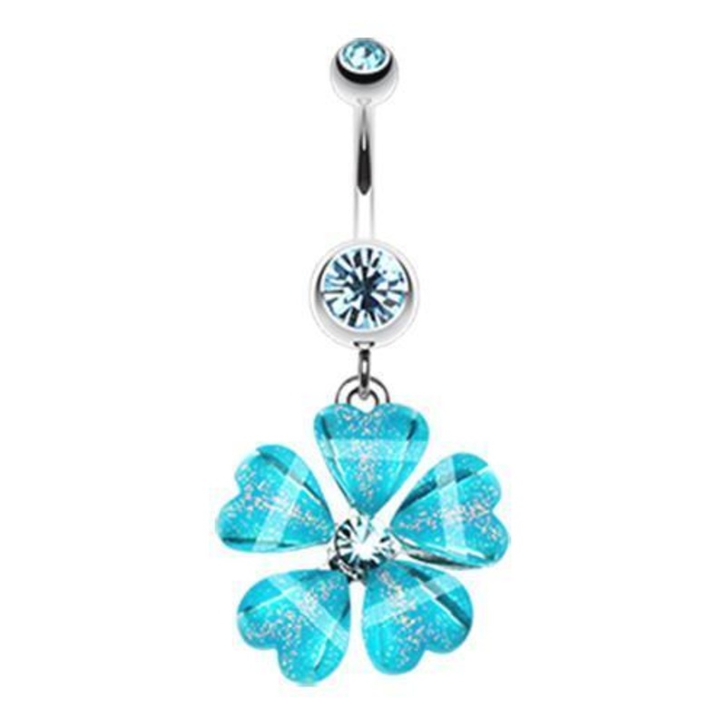 Aqua Shimmering Hearty Flower Dangle Belly Ring 14G (1.6mm) Length: 3/8″ (10mm)