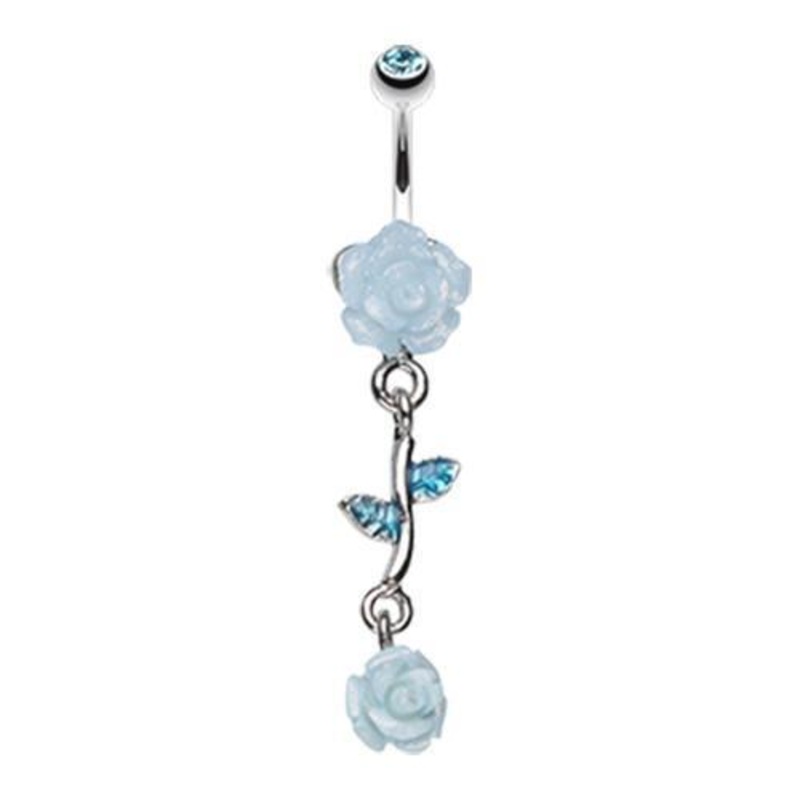 Aqua Shimmering Rose Vine Dangle Belly Ring 14G (1.6mm) Length: 3/8″ (10mm)