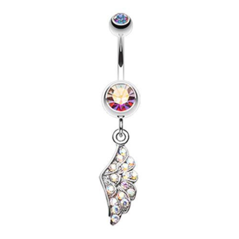 Aurora Borealis Angel Jeweled Wing Dangle Belly Ring 14G (1.6mm) Length: 3/8″ (10mm)