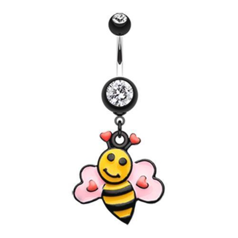 Black Bumble Bee Love Dangle Belly Ring 14G (1.6mm) Length: 3/8″ (10mm)