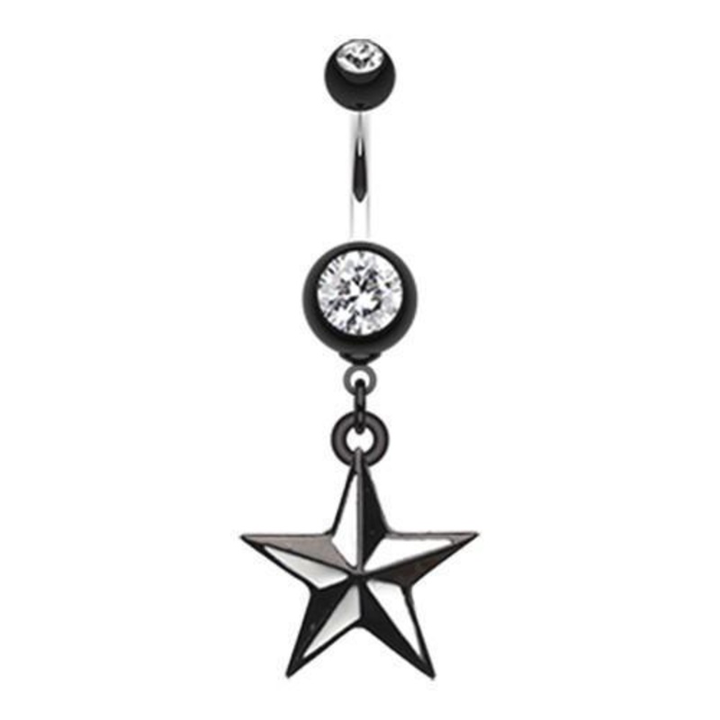 Black Classic Nautical Star Dangle Belly Ring 14G (1.6mm) Length: 3/8″ (10mm)