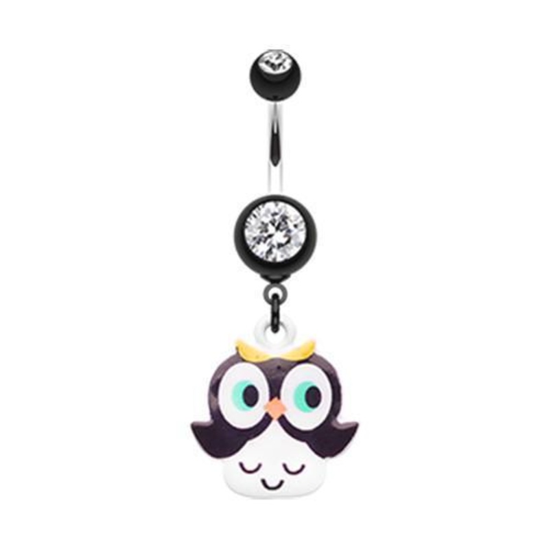 Black Curious Owl Dangle Belly Ring 14G (1.6mm) Length: 3/8″ (10mm)