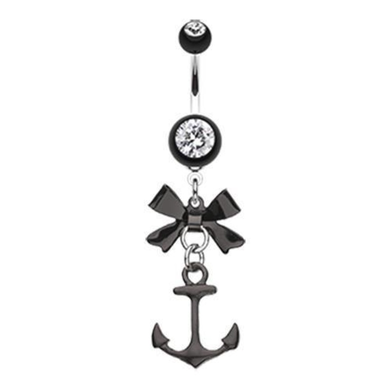 Black Cute Anchor Bow-Tie Dangle Belly Ring 14G (1.6mm) Length: 3/8″ (10mm)