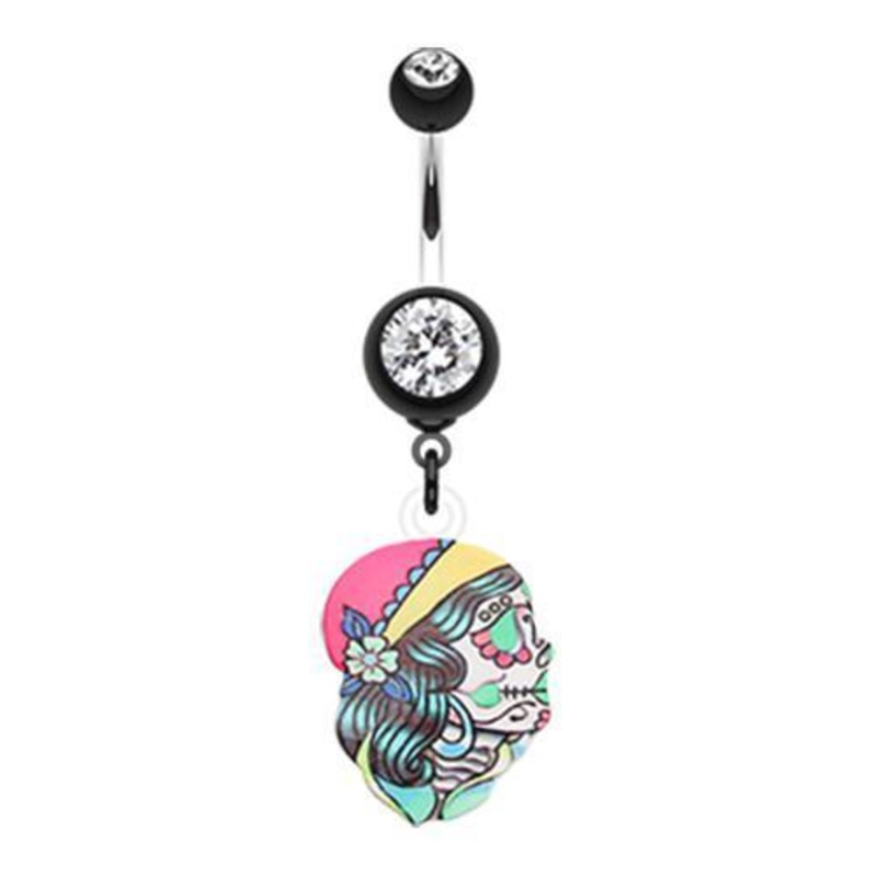 Black Dia De Los Muertos Retro Skull Dangle Belly Ring 14G (1.6mm) Length: 3/8″ (10mm)