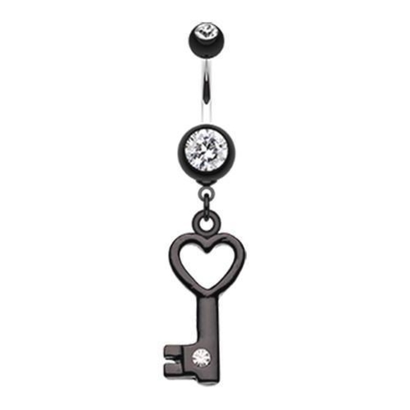 Black Gem Accented Heart Key Dangle Belly Ring 14G (1.6mm) Length: 3/8″ (10mm)
