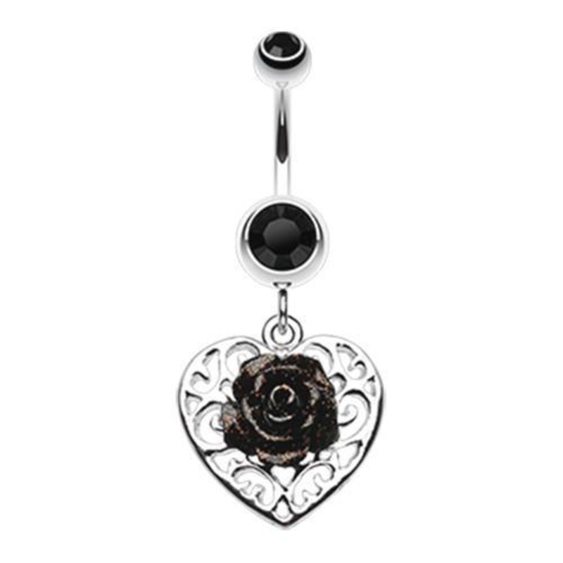Black Glittering rose and Decorative Heart Dangle Belly Ring 14G (1.6mm) Length: 3/8″ (10mm)