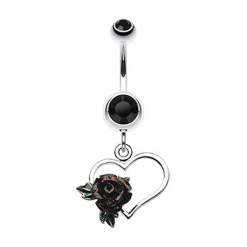 Black Glittering Sweet Heart Rose Dangle Belly Ring 14G (1.6mm) Length: 3/8″ (10mm)