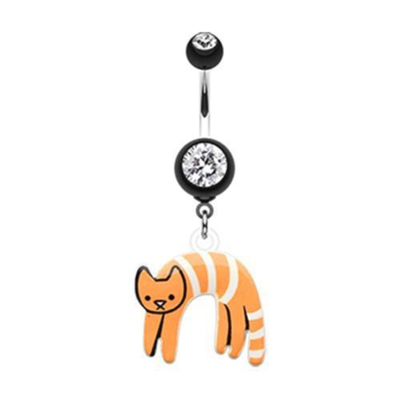 Black Lounging kitty Dangle Belly Ring 14G (1.6mm) Length: 3/8″ (10mm)
