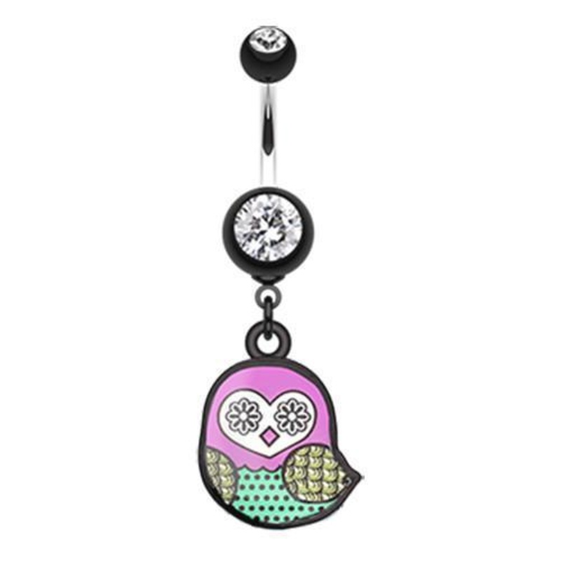 Black Patterned Owl Dangle Belly Ring 14G (1.6mm) Length: 3/8″ (10mm)