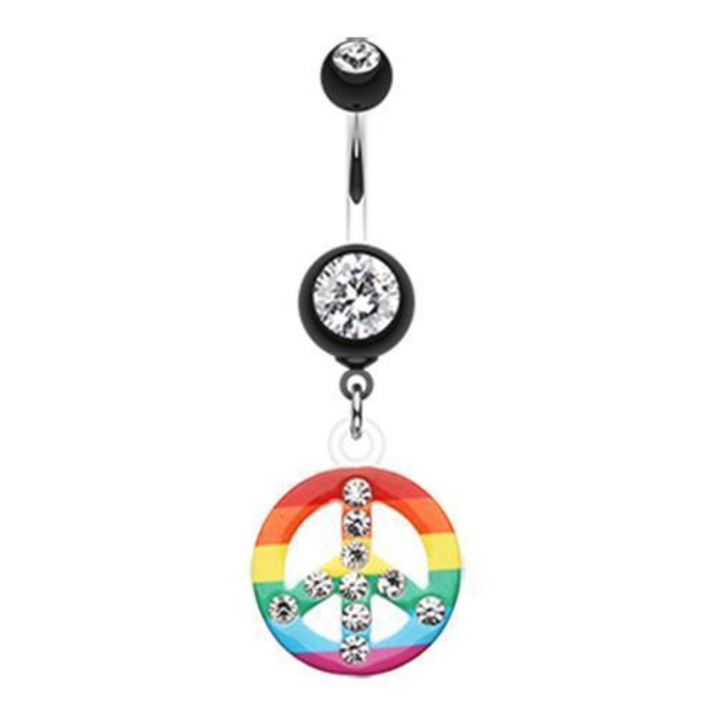 Black Rainbow Pride Peace Dazzle Dangle Belly Ring 14G (1.6mm) Length: 3/8″ (10mm)