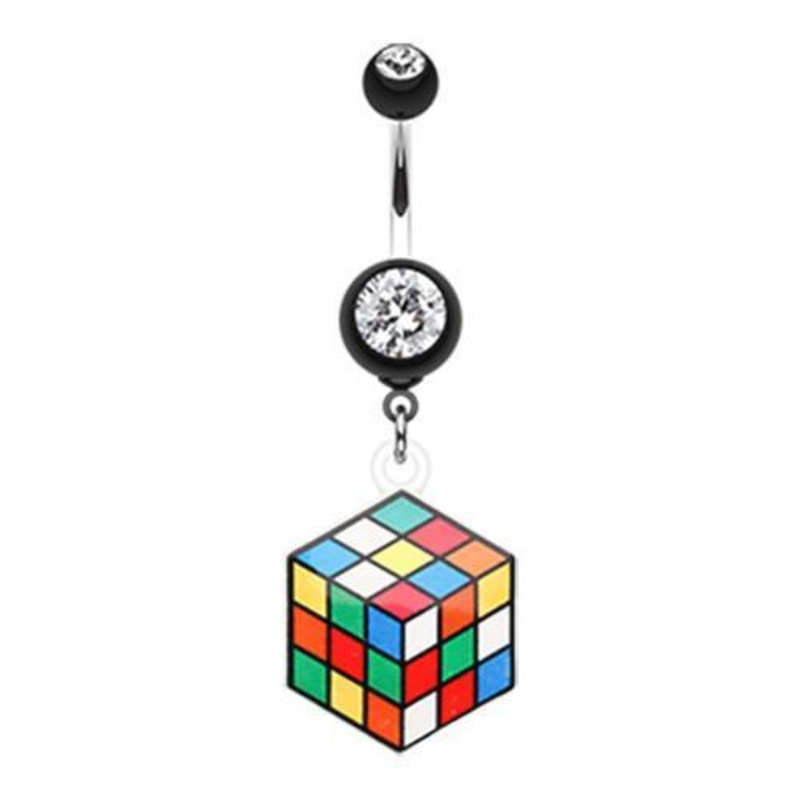 Black Retro Rubix Cube Dangle Belly Ring 14G (1.6mm) Length: 3/8″ (10mm)
