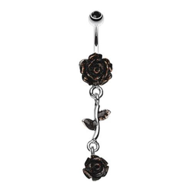 Black Shimmering Rose Vine Dangle Belly Ring 14G (1.6mm) Length: 3/8″ (10mm)