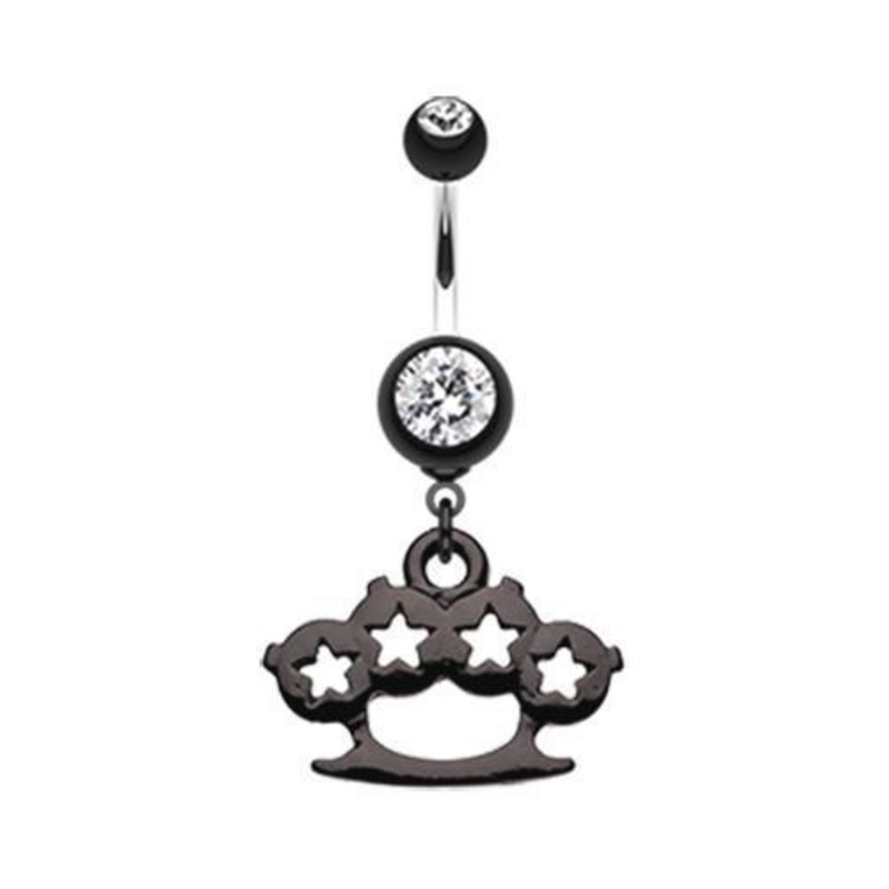 Black Star Brass Knuckle Dangle Belly Ring 14G (1.6mm) Length: 3/8″ (10mm)