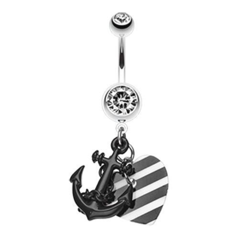 Black Vibrant Anchor Nautical Heart Dangle Belly Ring 14G (1.6mm) Length: 3/8″ (10mm)