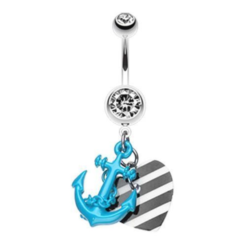 Blue Vibrant Anchor Nautical Heart Dangle Belly Ring 14G (1.6mm) Length: 3/8″ (10mm)