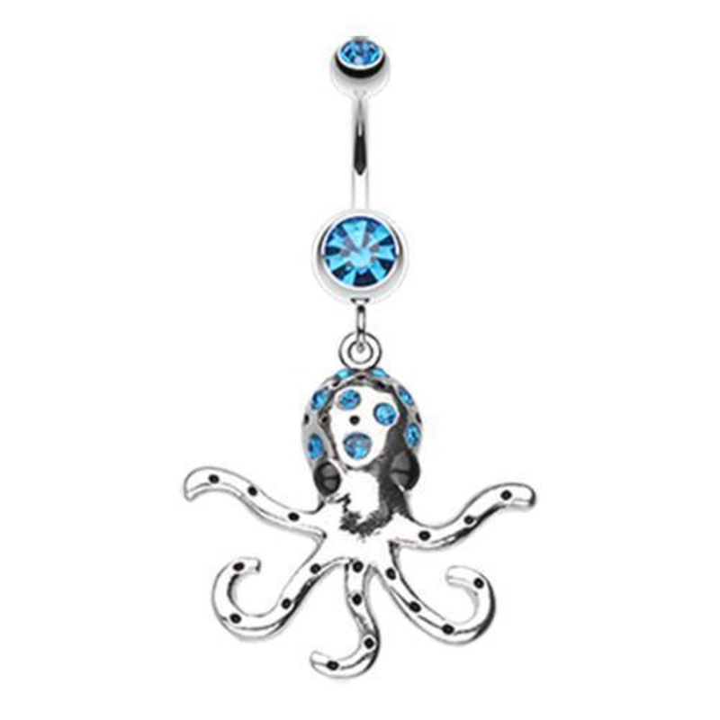 Capri Blue Octopus Sparkle Dangle Belly Ring 14G (1.6mm) Length: 3/8″ (10mm)