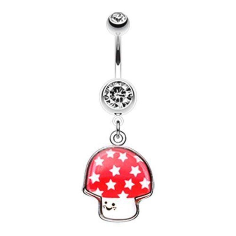 Clear Adorable Mushroom Dangle Belly Ring 14G (1.6mm) Length: 3/8″ (10mm)