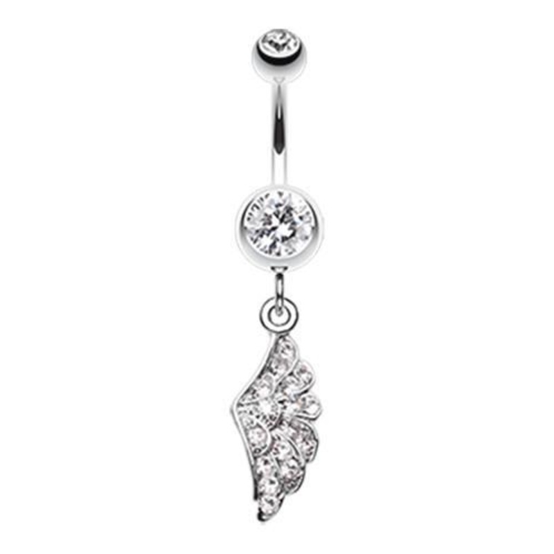 Clear Angel Jeweled Wing Dangle Belly Ring 14G (1.6mm) Length: 3/8″ (10mm)