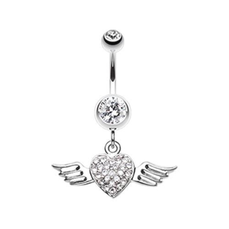 Clear Angel Luster Heart Dangle Belly Ring 14G (1.6mm) Length: 3/8″ (10mm)