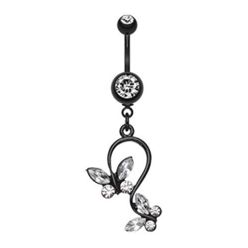 Clear Black Butterfly Gem Loop Dangle Belly Ring 14G (1.6mm) Length: 3/8″ (10mm)