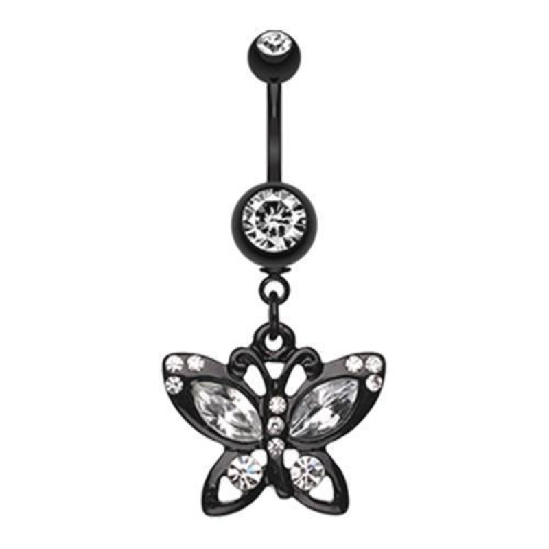 Clear Black Butterfly Sparkle Dangle Belly Ring 14G (1.6mm) Length: 3/8″ (10mm)