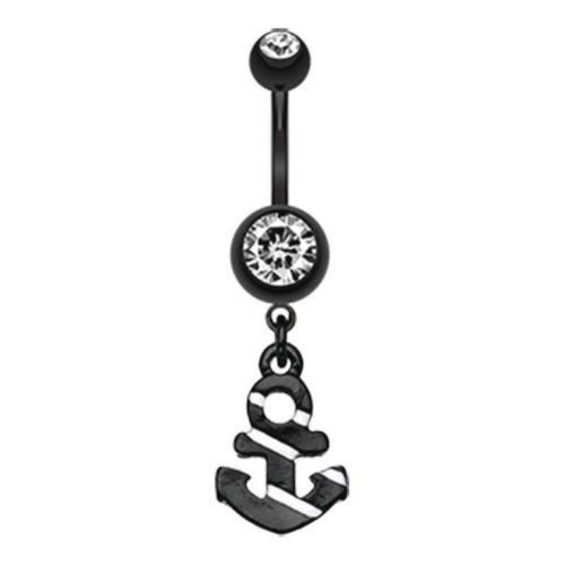 Clear Black Nautical Stripe Anchor Dangle Belly Ring 14G (1.6mm) Length: 3/8″ (10mm)