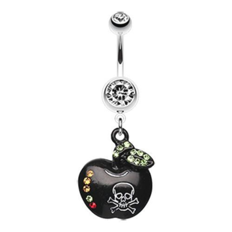 Clear Black Poisoned Apple Skull Sparkle Dangle Belly Ring 14G (1.6mm) Length: 3/8″ (10mm)
