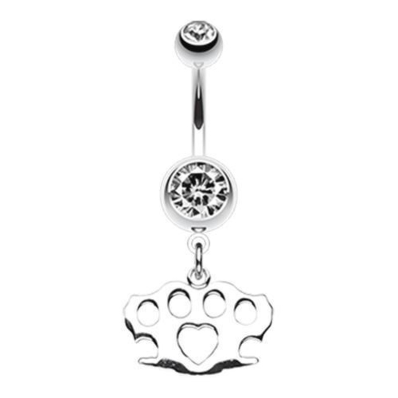 Clear Brass Knuckle Heart Dangle Belly Ring 14G (1.6mm) Length: 3/8″ (10mm)